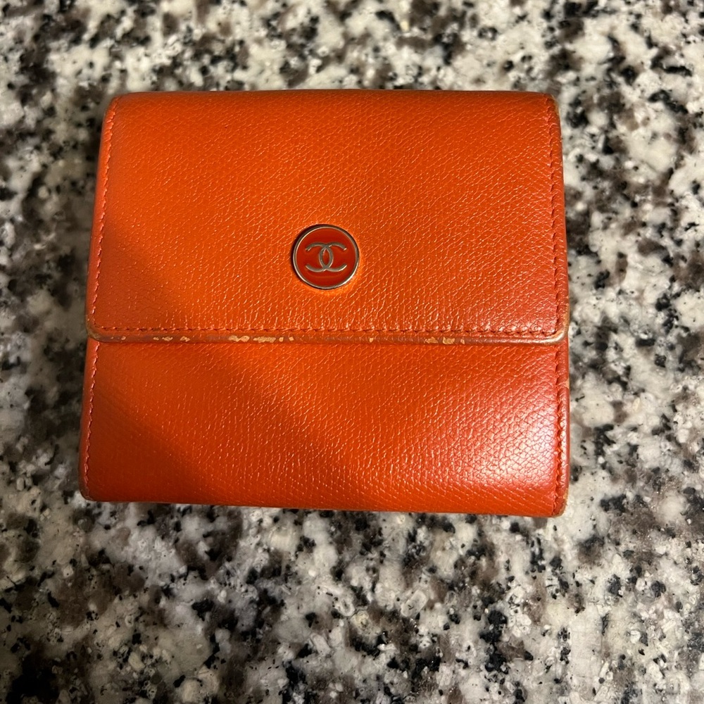 Grained Calfskin Chanel Button Compact Wallet Ora… - image 2